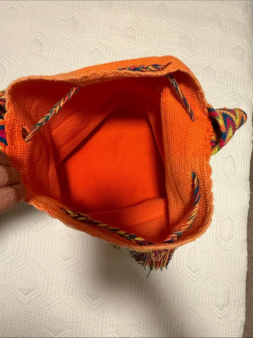 Handmade Wayuu Mochila  Orange Bucket Bag with Multicolor Strap